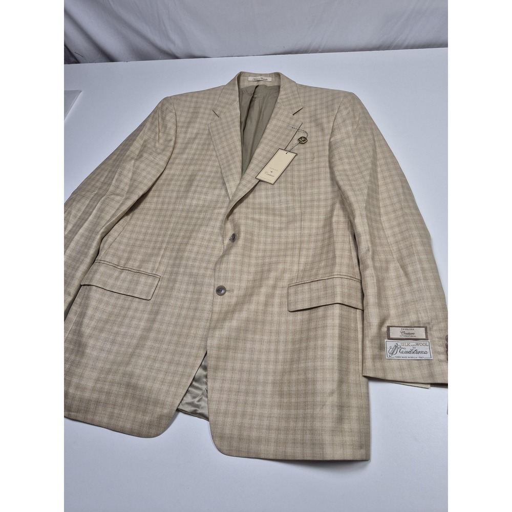 Peerless Couture International Blazer Mens 44 Long Beige Silk Wool Check NWT